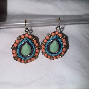 Boho Ornate Teardrop Earrings – Mint & Coral Beaded Silver-Tone
